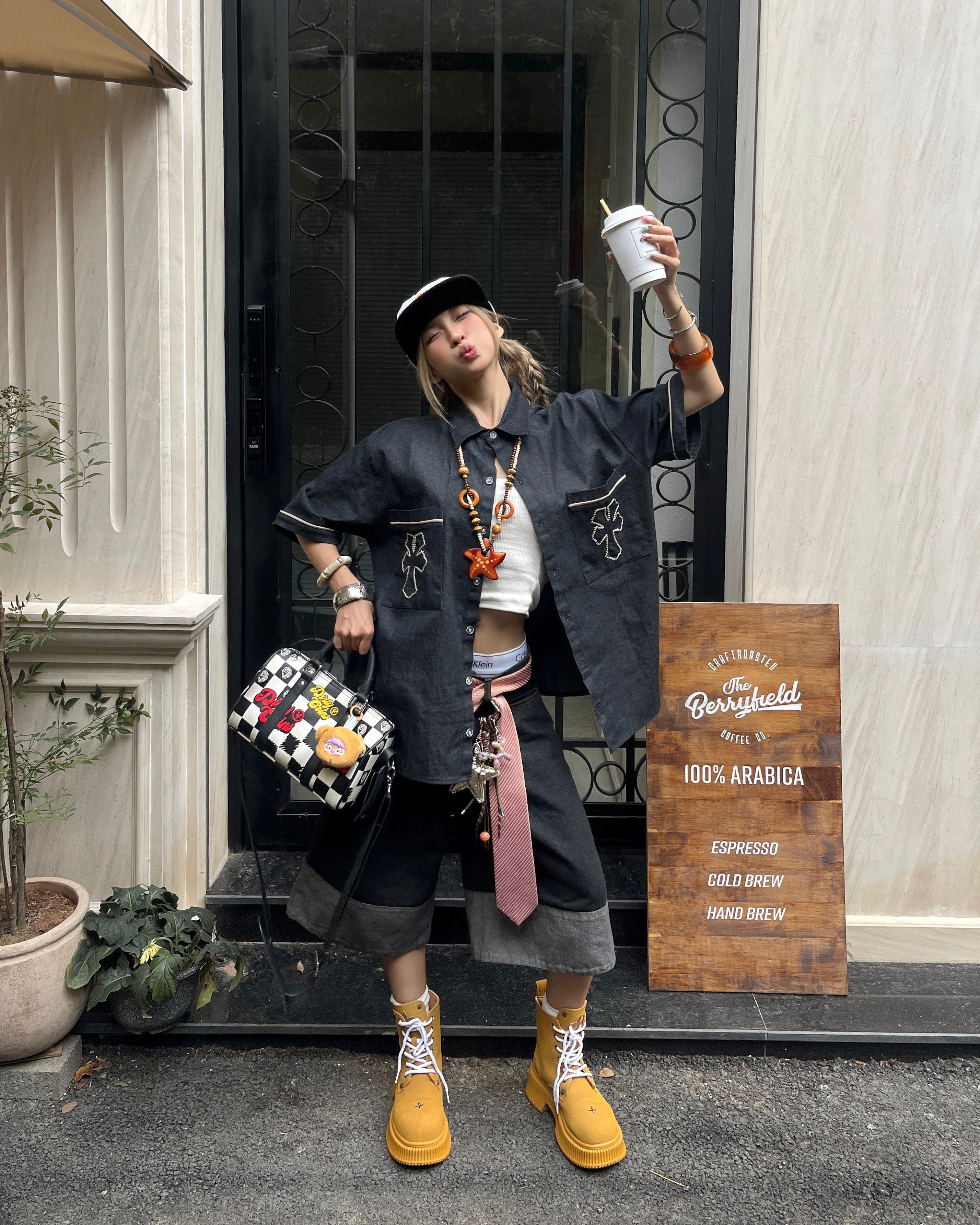 DirtyCoins "Y" Embroidered Khaki Shirt Black