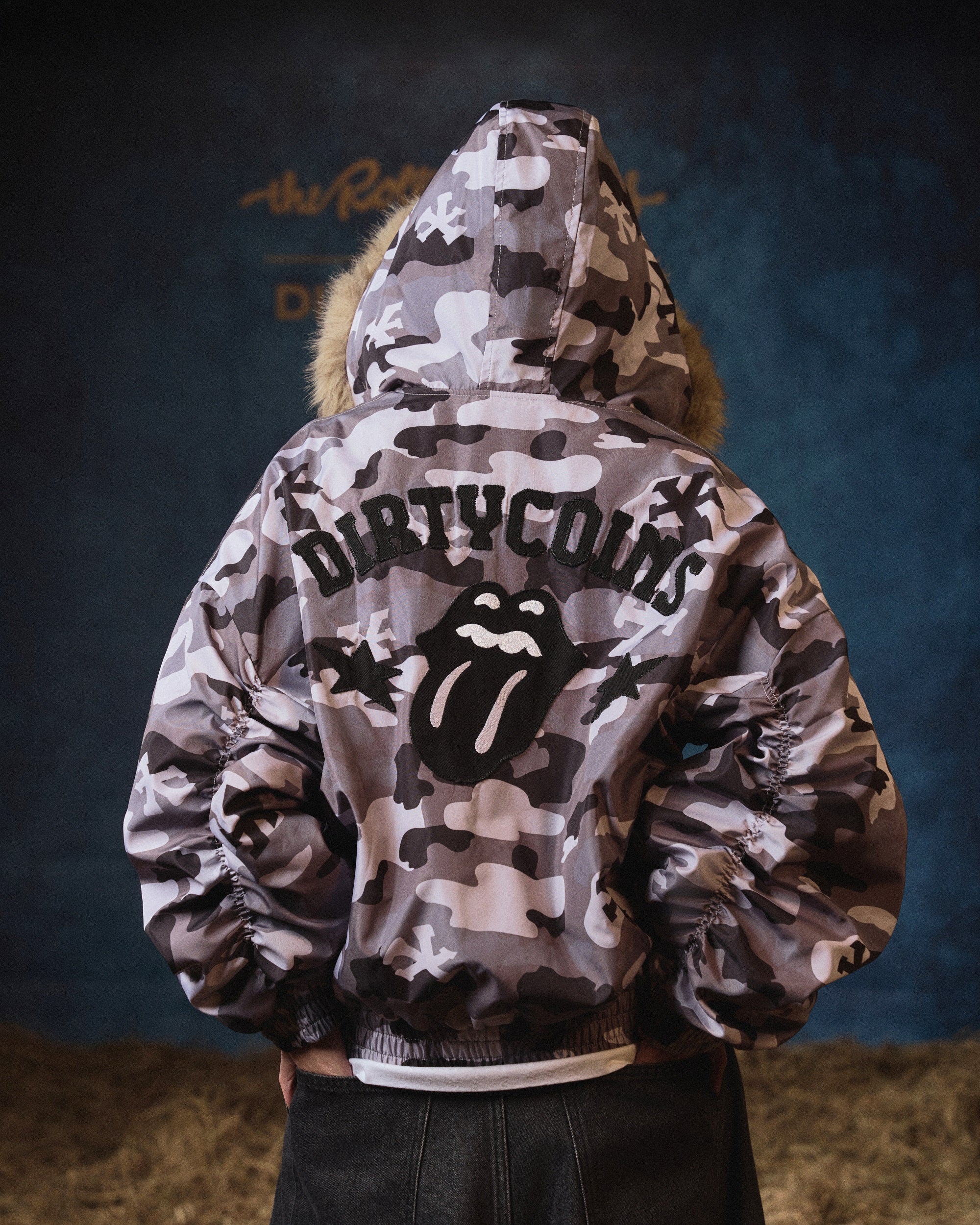 DCxRS Camo Fur Hooded Bomber Jacket - Grey