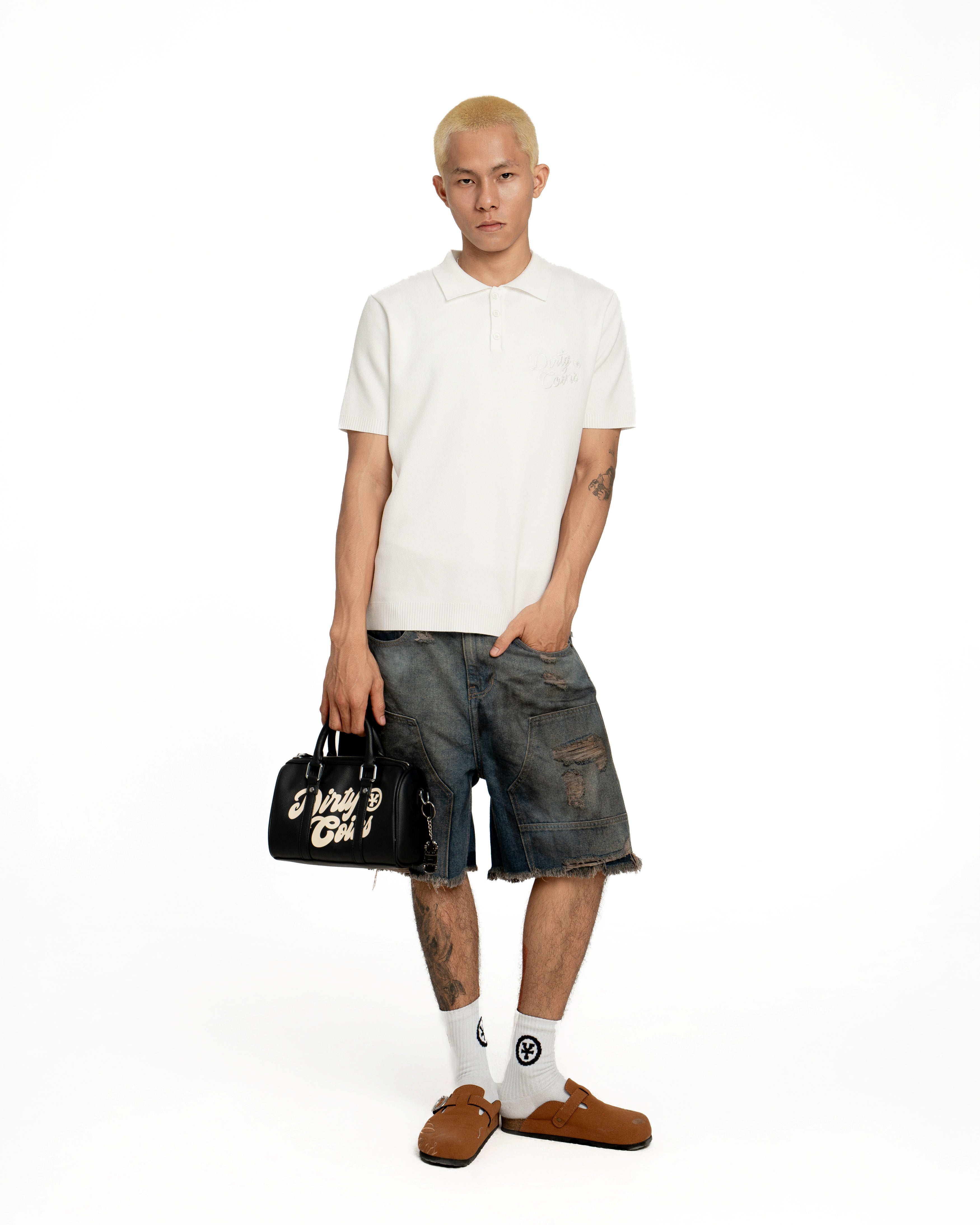 DirtyCoins Double Knee Shorts Distressed Blue Wash