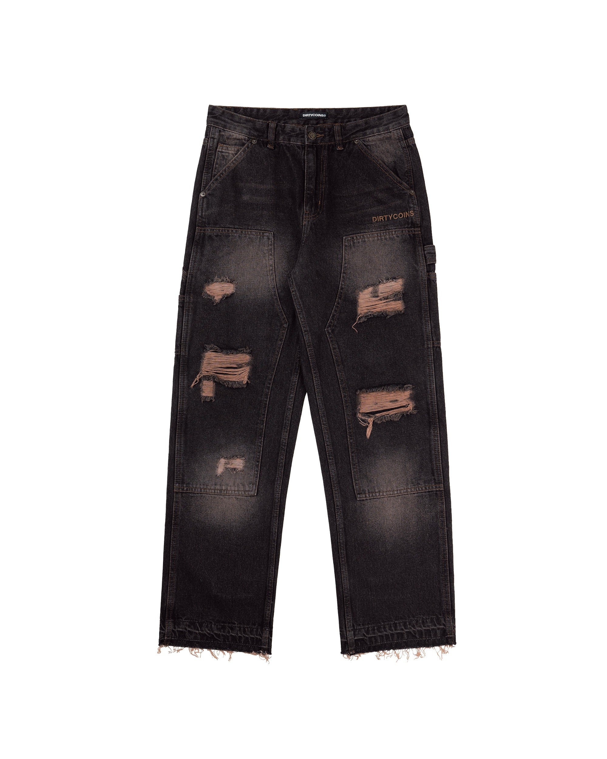 DirtyCoins Distressed Double Knee Denim Pants - Brown