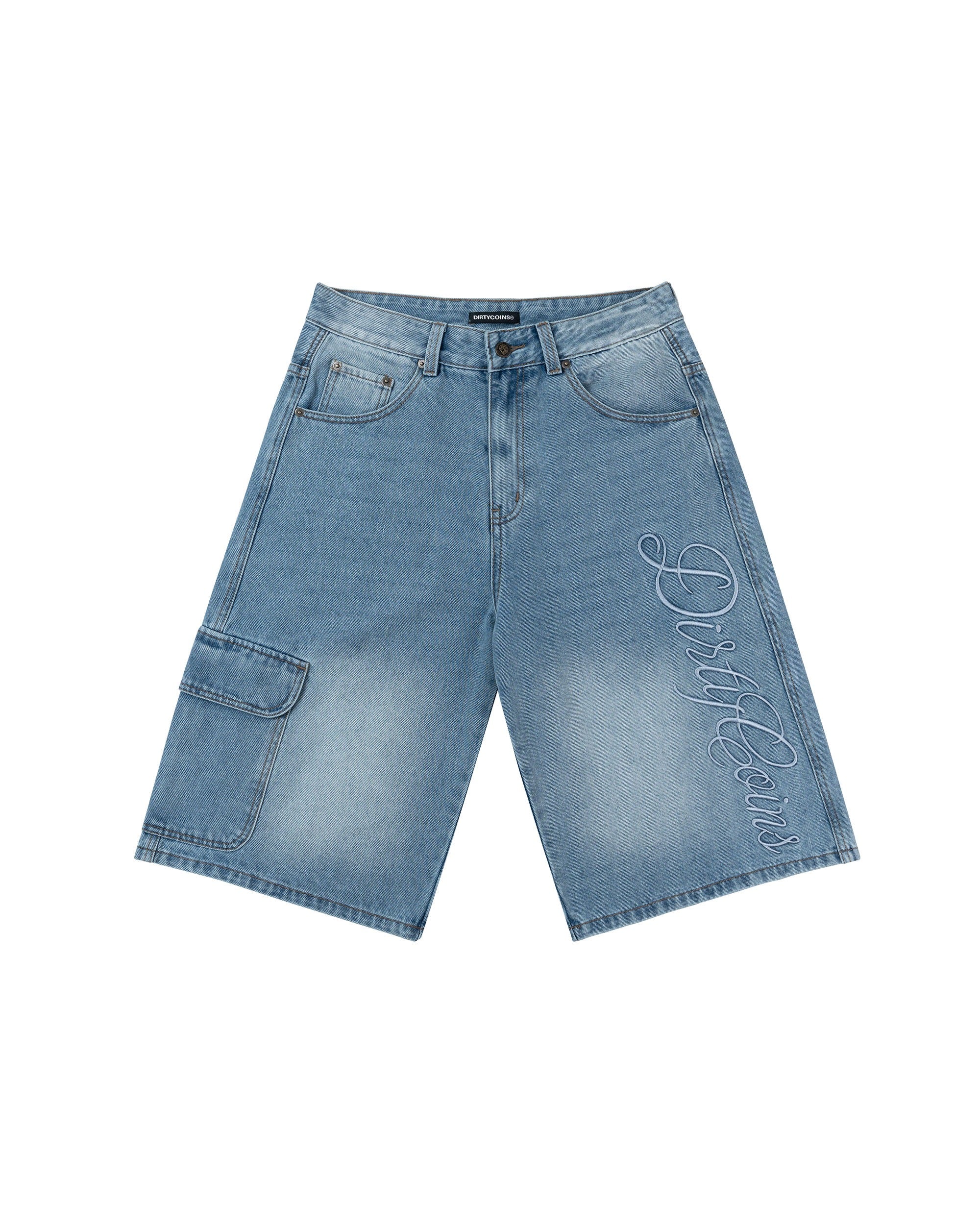 Embroidery Logo Baggy Denim Shorts - Light Blue
