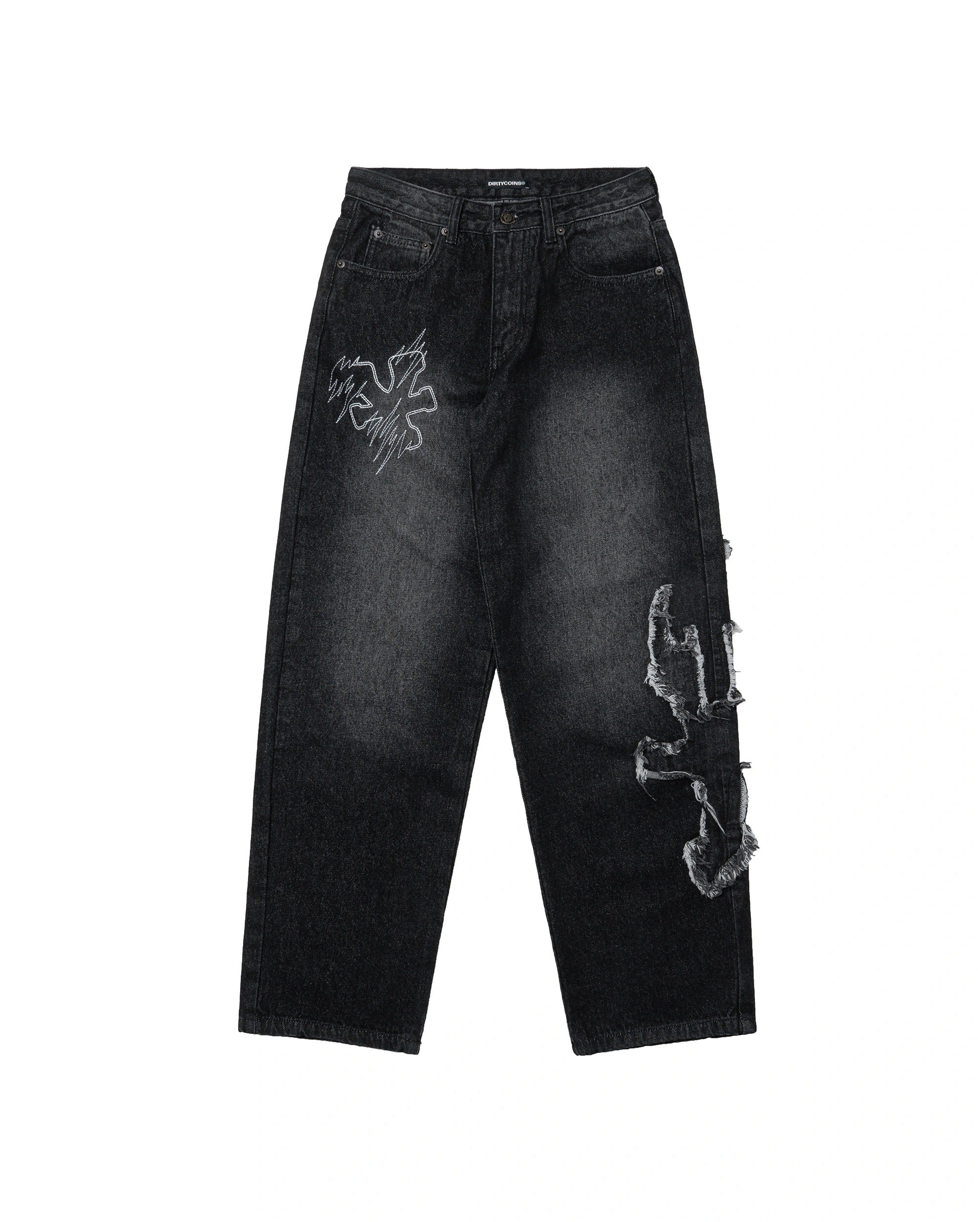 DirtyCoins Flame Wash Relaxed Denim Pants - Black
