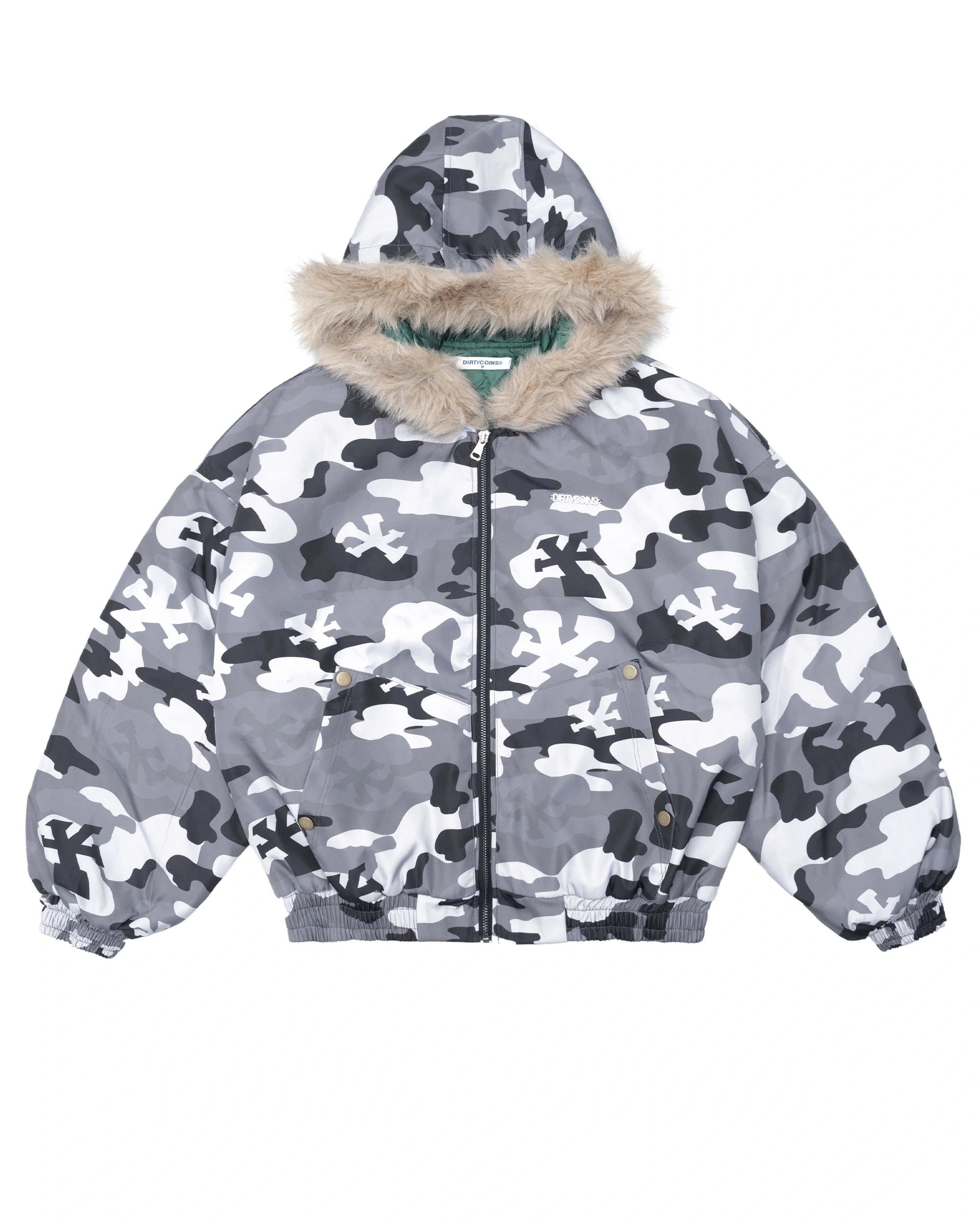 DCxRS Camo Fur Hooded Bomber Jacket - Grey