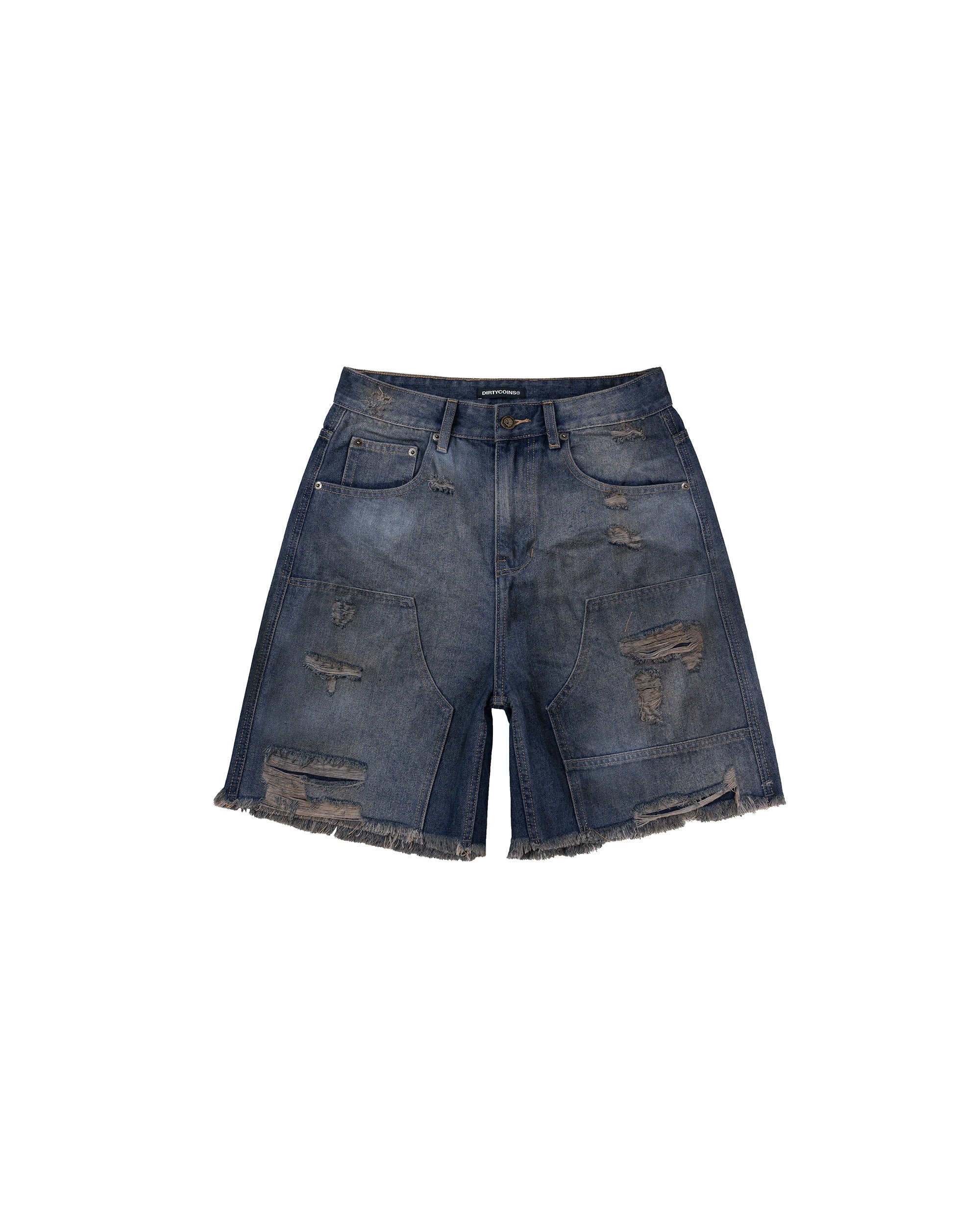 DirtyCoins Double Knee Shorts Distressed Blue Wash