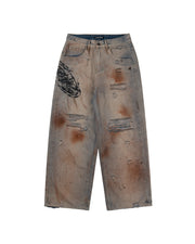 DirtyCoins Stain Disstress Baggy Denim Pants - Faded Blue