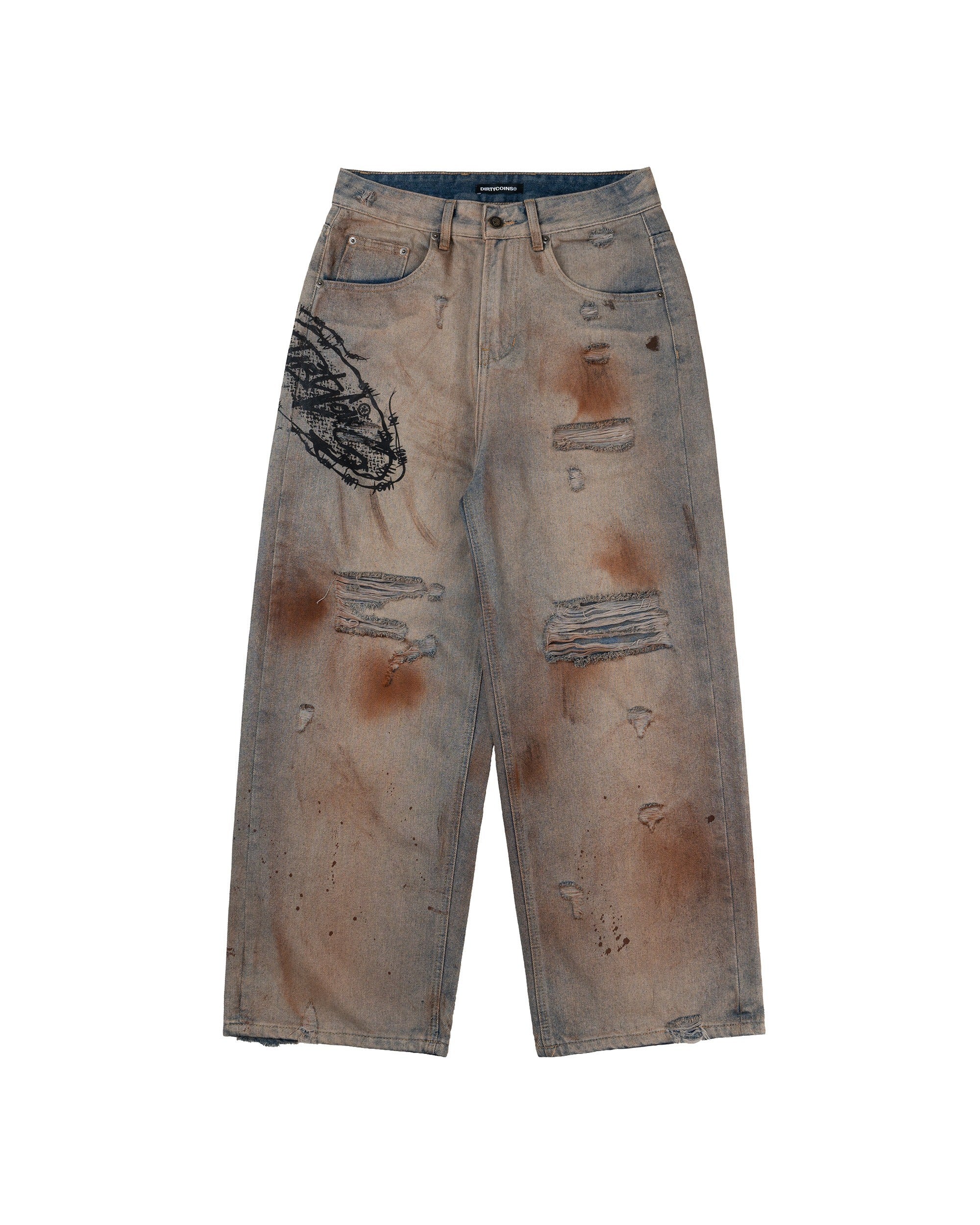 DirtyCoins Stain Disstress Baggy Denim Pants - Faded Blue