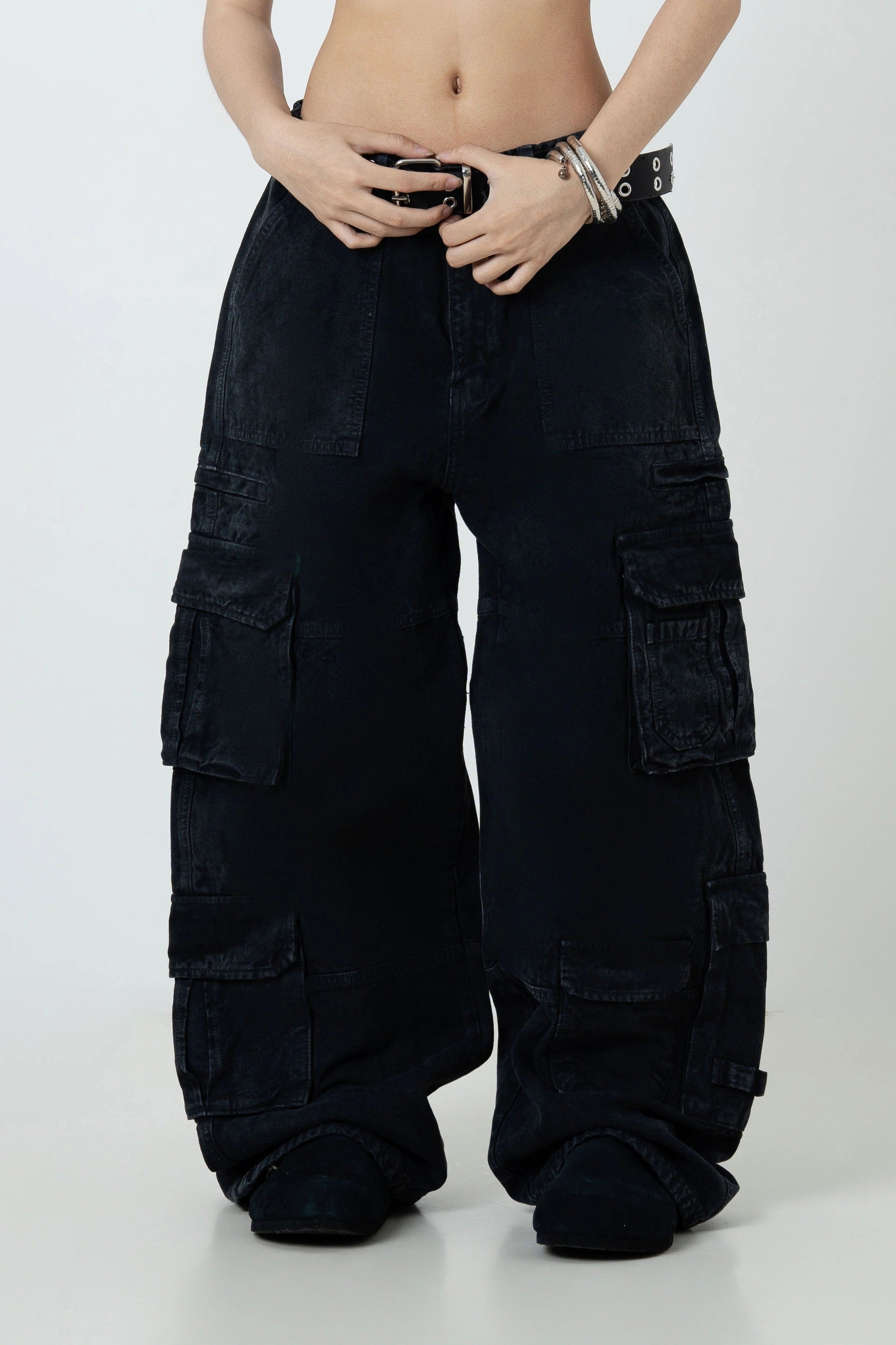 DirtyCoins Casual Baggy Cargo Pants - Black Wash