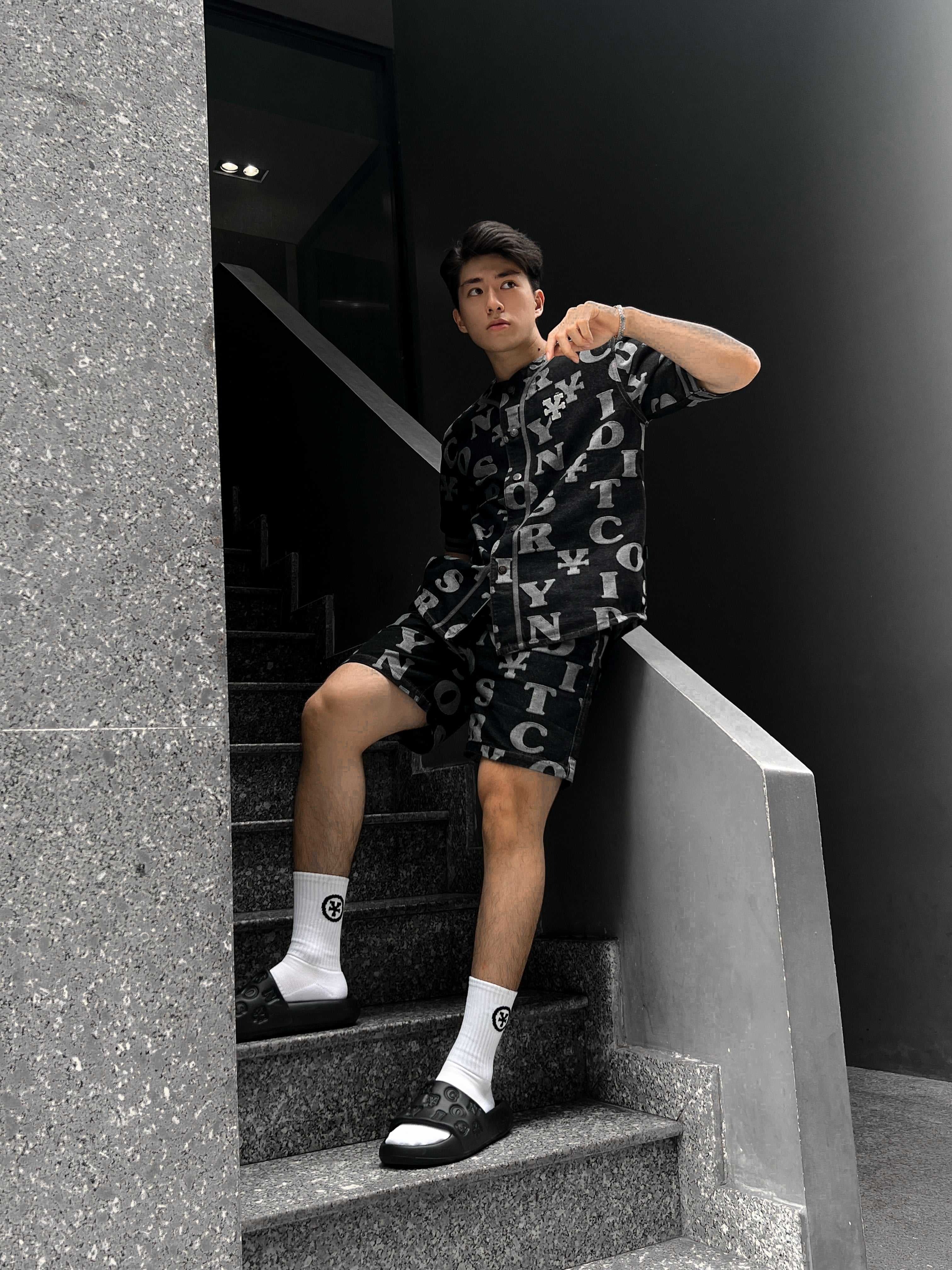 Letters Monogram Denim Jersey Shirt - Black