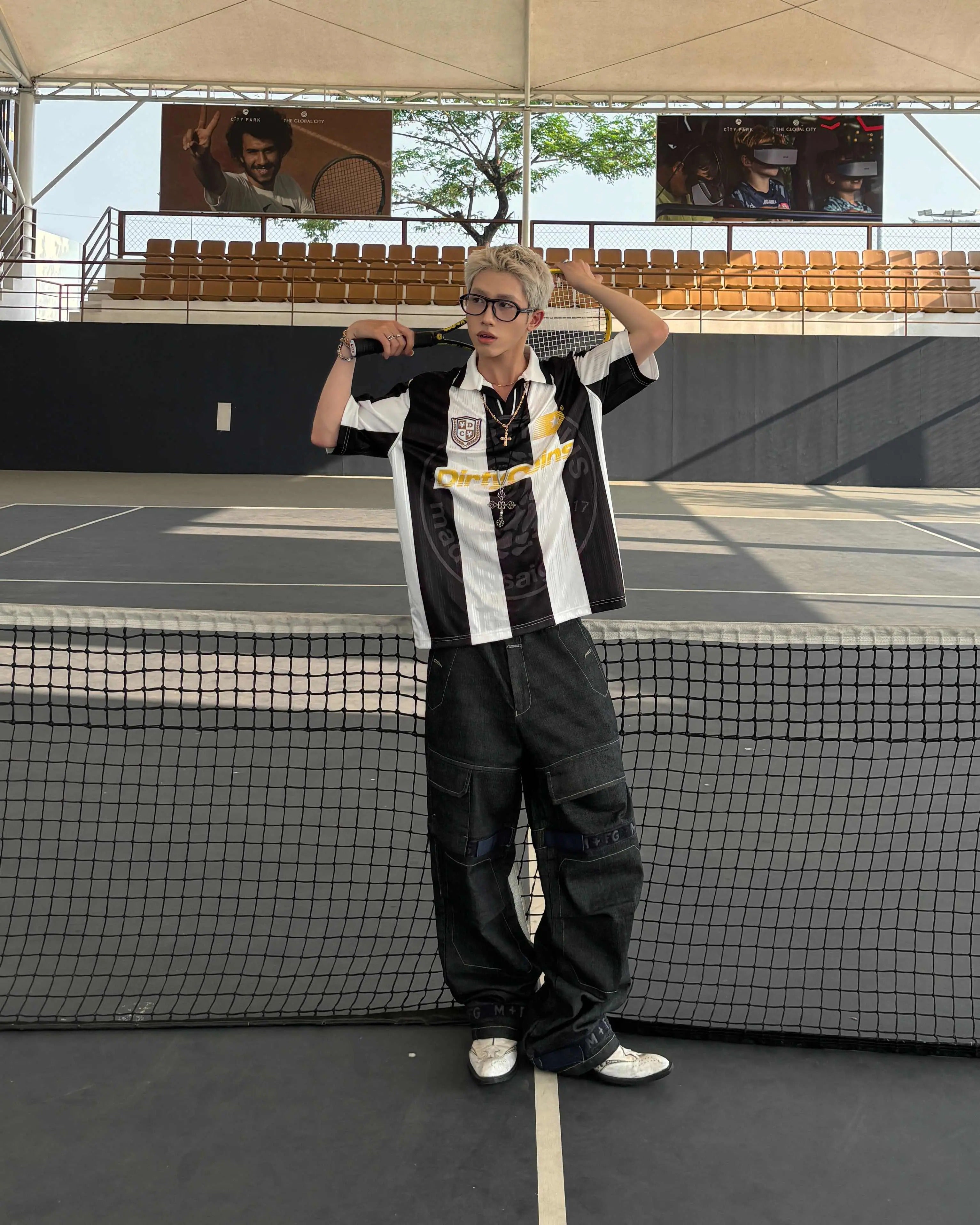 DirtyCoins Striped Soccer Polo Jersey Black White