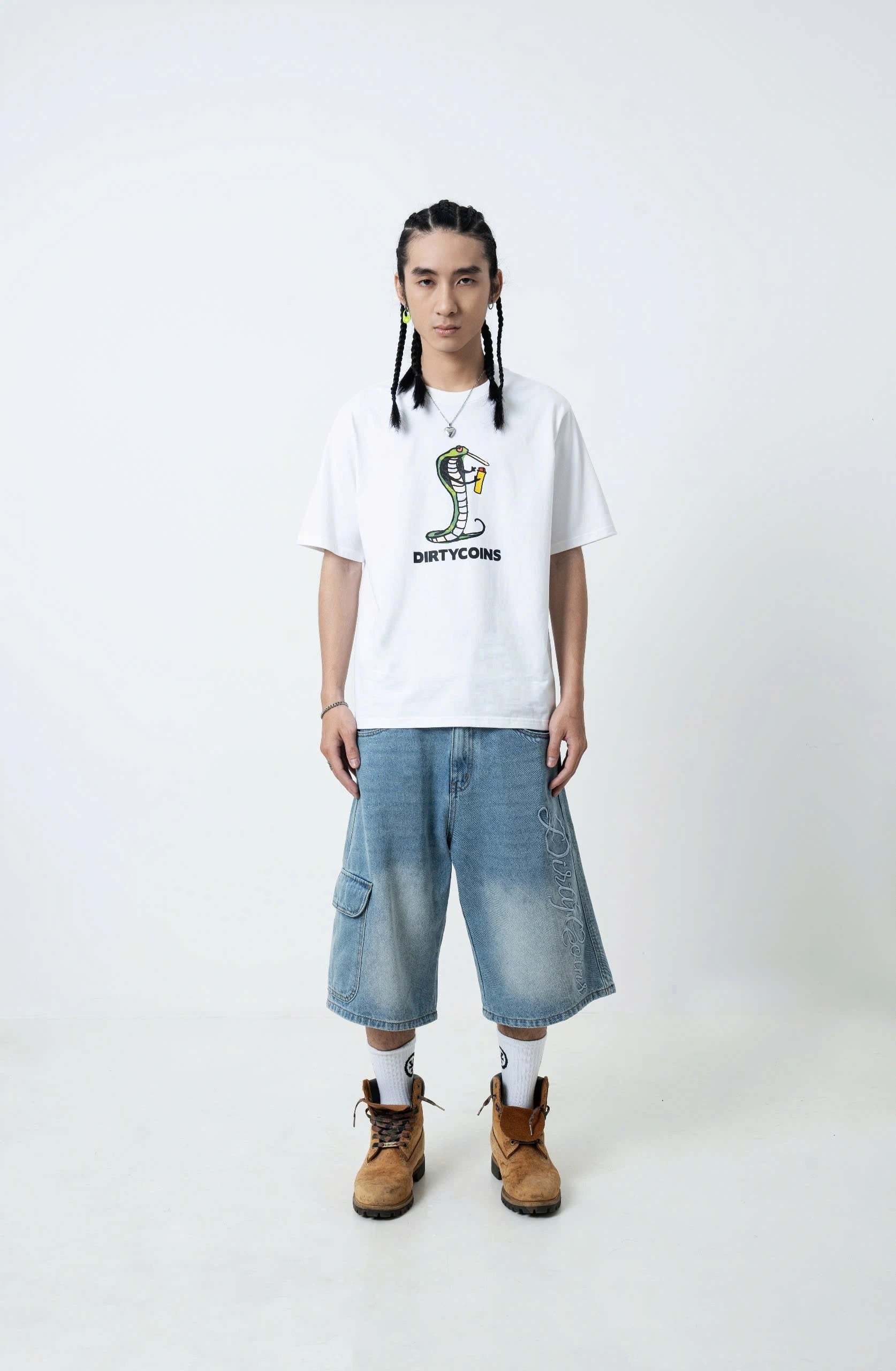 Embroidery Logo Baggy Denim Shorts - Light Blue