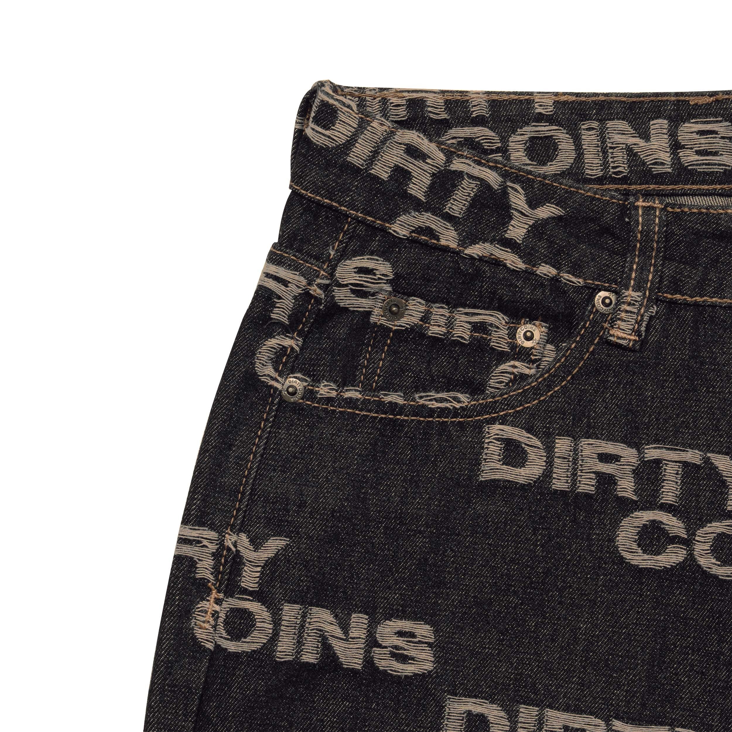Frayed Logo Baggy Denim Pants - Black